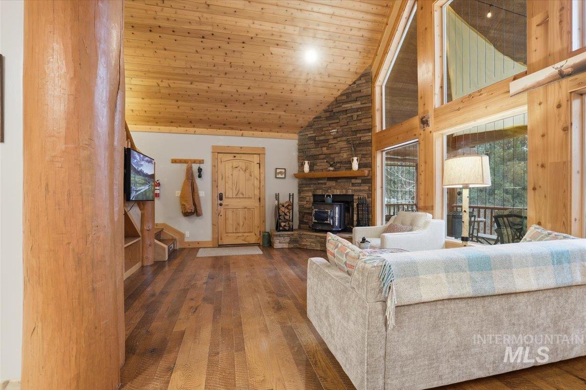 20 Valley High Road Garden Valley, ID 83622 - Photo 8 of 46 Living room featuring high vaulted ceiling, wood-type flooring, and wood ceiling