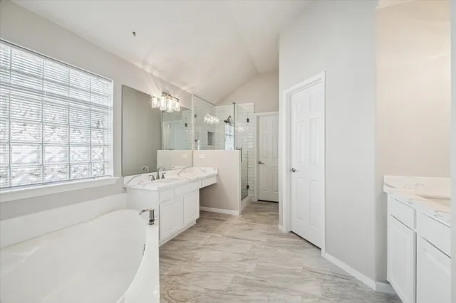 a bathroom with a tub sink shower and mirror