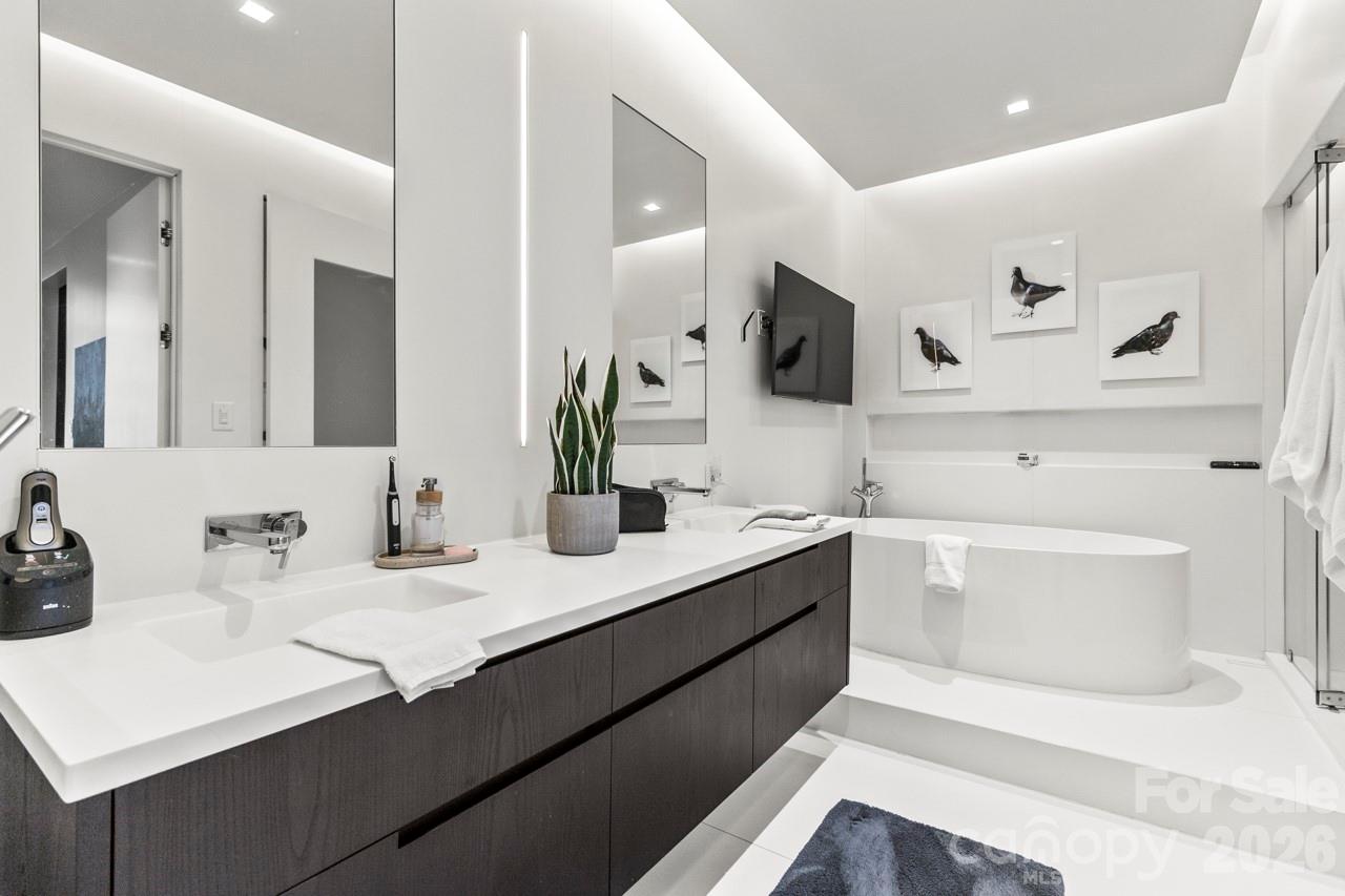 435 South Tryon Street, Unit 901 Charlotte, NC 28202 - Photo 18 of 28 a bathroom with double vanity sinks a mirror and a bathtub