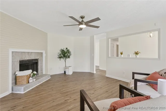 a living room with furniture and a fireplace