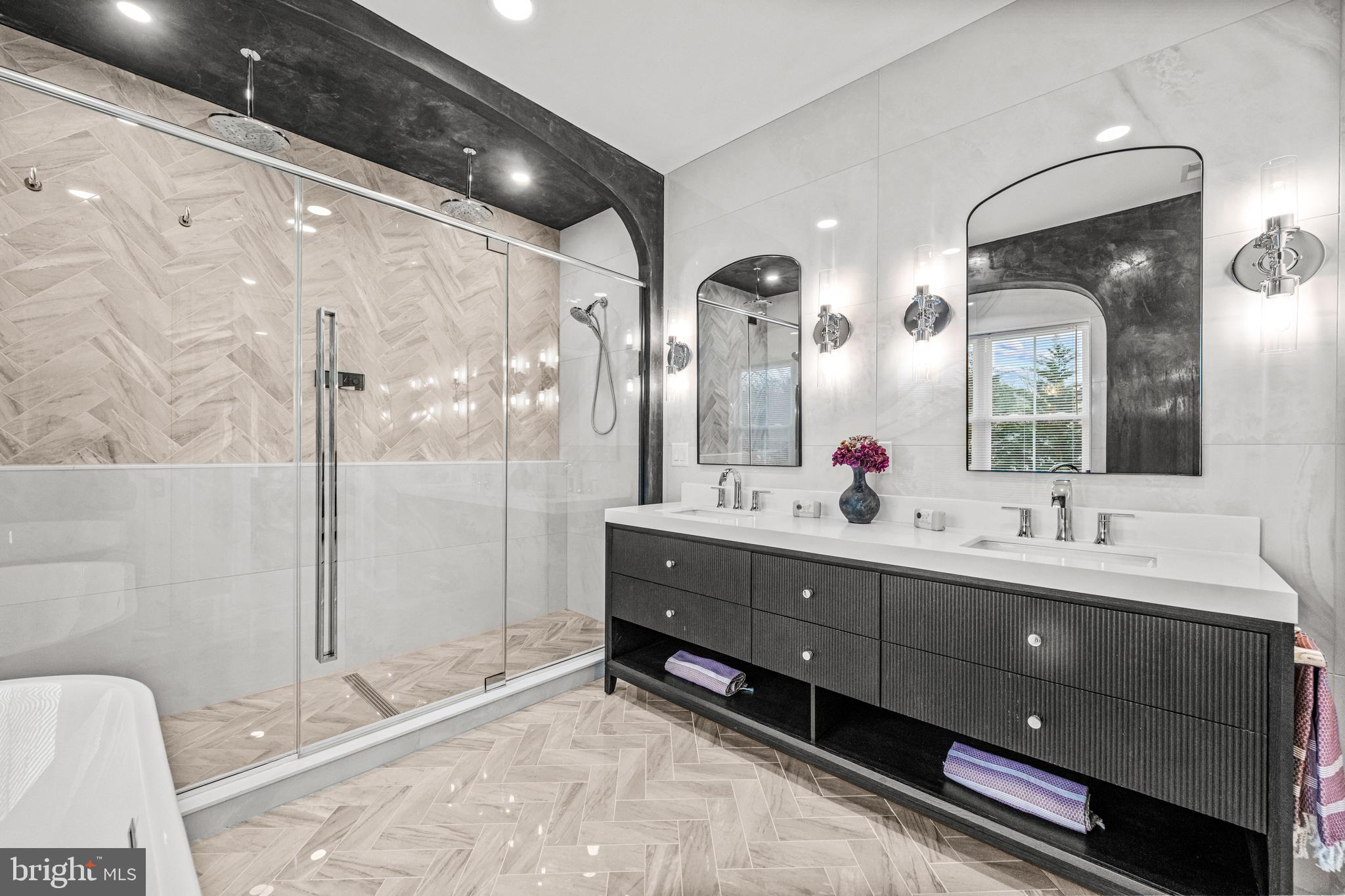 108 Avondale Avenue Haddonfield, NJ 08033 - Photo 37 of 65 a bathroom with a double vanity sink mirror and shower
