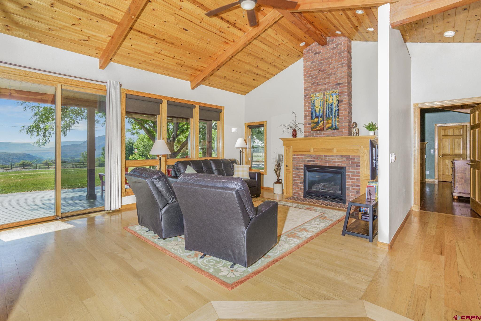 9113 Coogans Bluff Road Austin, CO 81410 - Photo 6 of 22 a living room with furniture a fireplace and a floor to ceiling window
