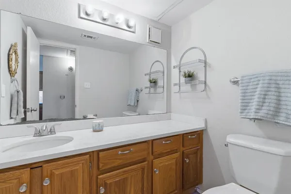 a bathroom with a sink a toilet and a mirror