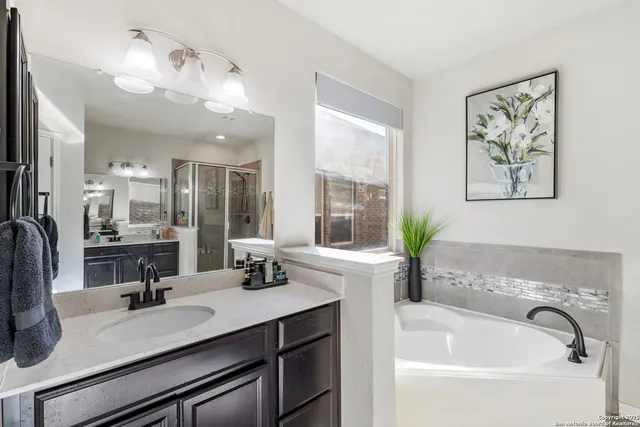 a bathroom with a tub a sink and mirror
