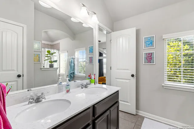 a bathroom with a sink a mirror a vanity and a shower