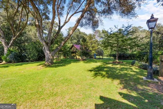 a garden view with a fountain
