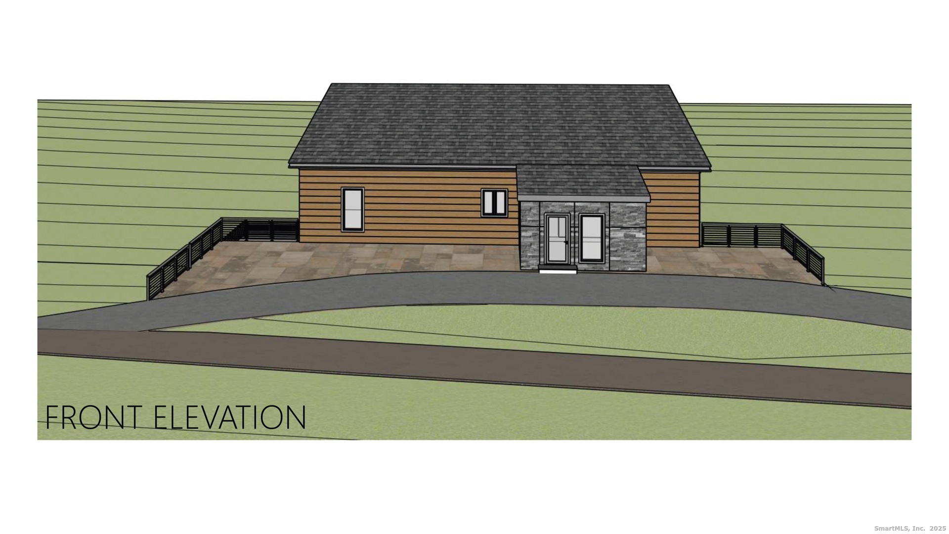 31 B June Road Washington, CT 06777 - Photo 7 of 20 Front elevation rendering showing the main entry, patio, and exterior finishes.