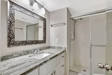a bathroom with a granite countertop sink mirror and a shower