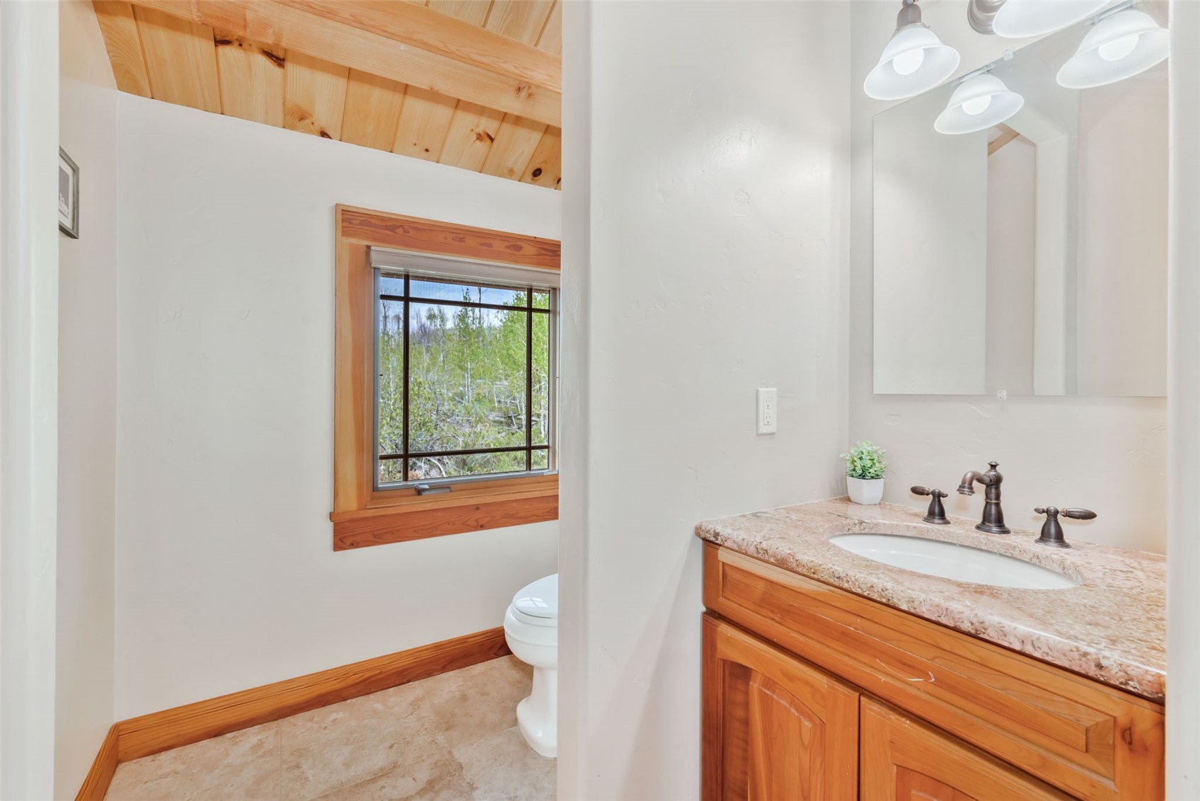 51193 Smith Creek Road Steamboat Springs, CO 80487 - Photo 35 of 48 a bathroom with a granite countertop sink and a mirror