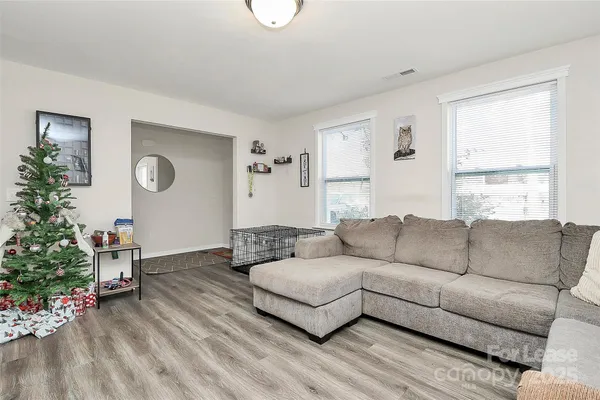 a living room with furniture and a potted plant