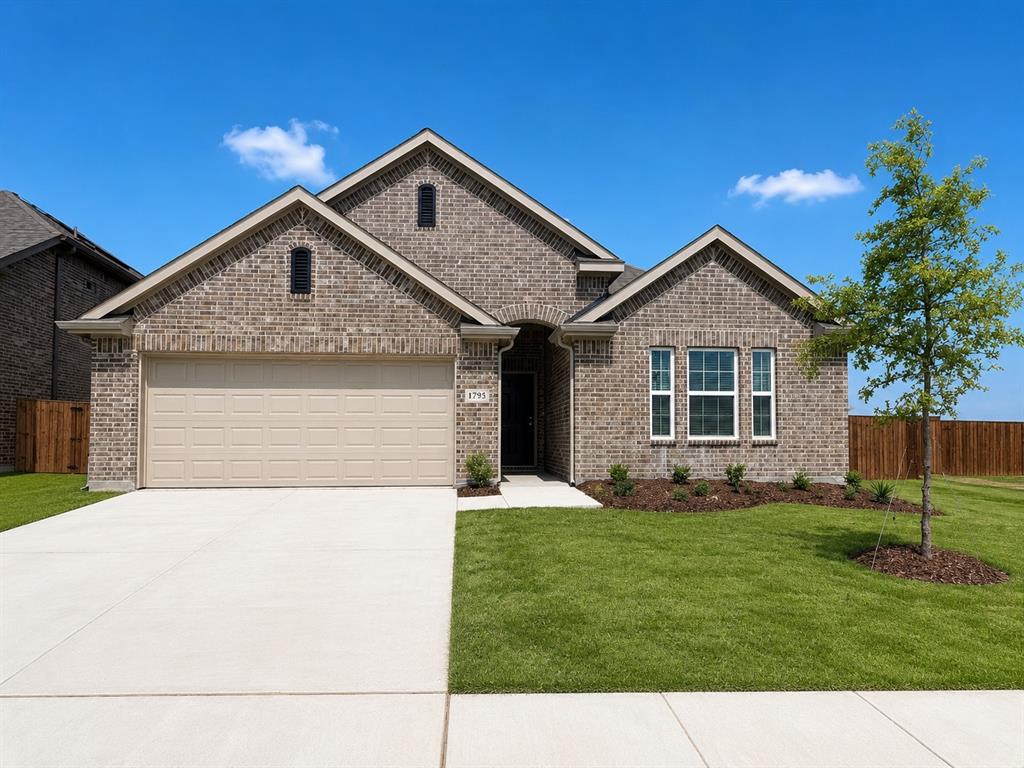 1795 Gleasondale Place Forney, TX 75126 - Photo 1 of 29 Brick exterior with light mortar, featuring a two-car garage, white window trim, and front landscaping