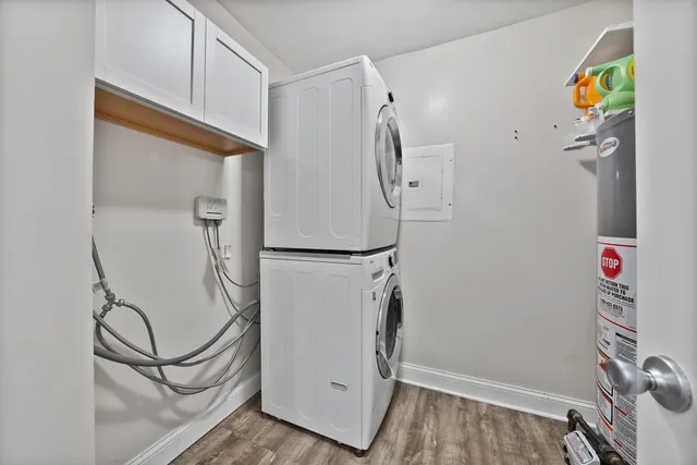 a view of balcony with wooden floor