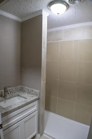 a bathroom with a granite countertop sink and shower