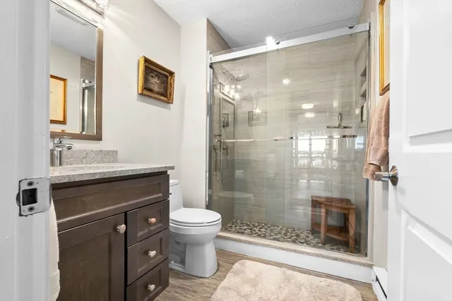 a spacious bedroom with a bed and a cabinets