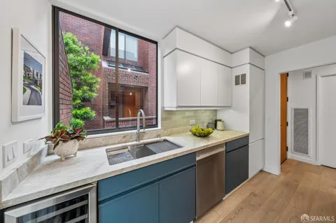 a kitchen with a sink and potted plant