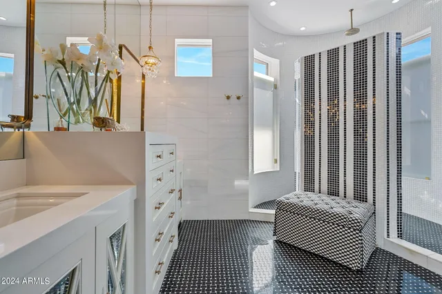 a view of a balcony with brick walls