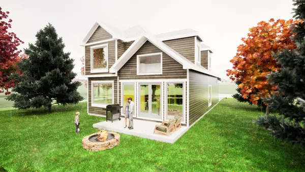 a view of a house with backyard porch and sitting area