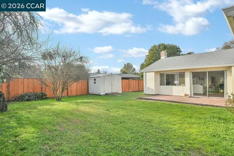 a view of a yard in front of a house with a large tree