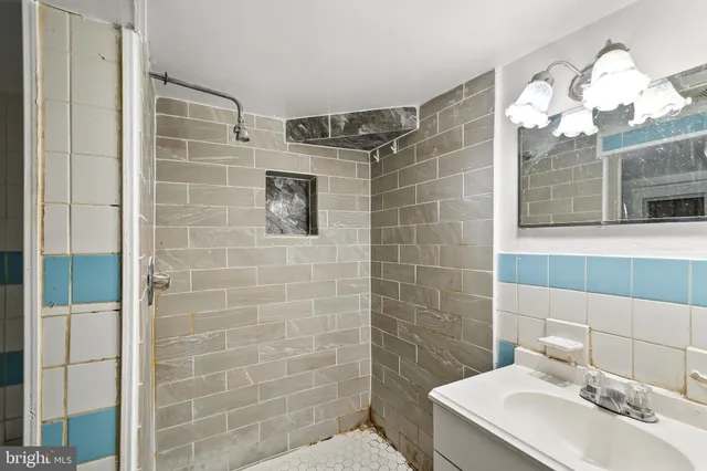 a bathroom with a sink a mirror and a shower