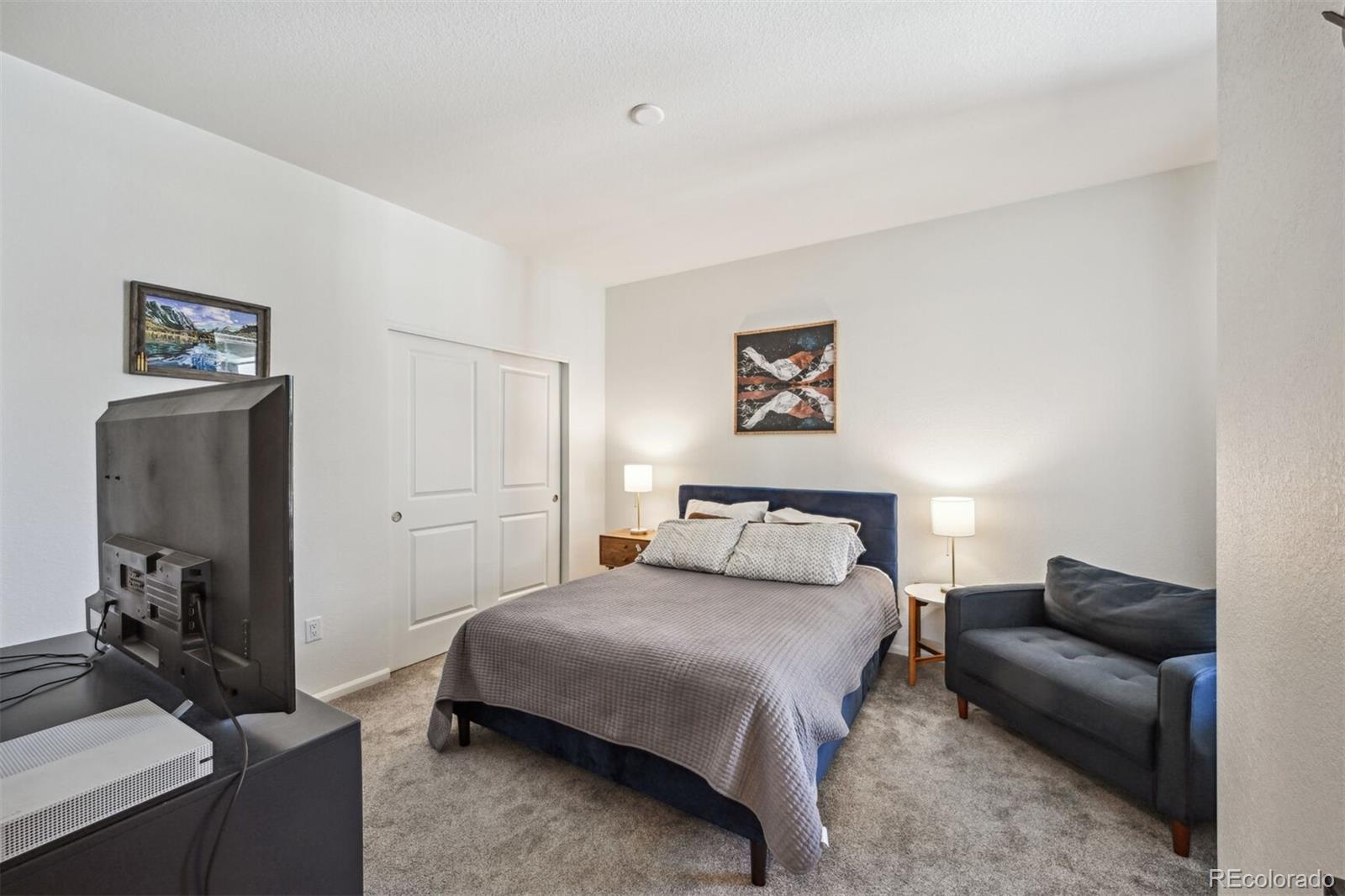 347 Felicity Loop Castle Rock, CO 80109 - Photo 15 of 28 a bedroom with a bed couch and a flat tv screen