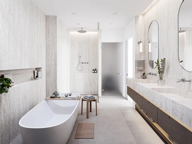 a bathroom with a bathtub and a sink