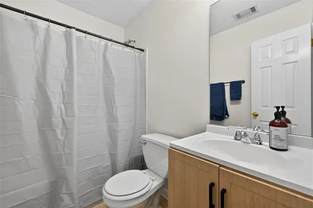 a bathroom with a sink a toilet a mirror and shower curtain