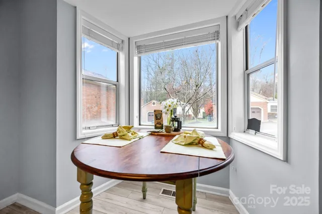 a view of a dining room with furniture and window