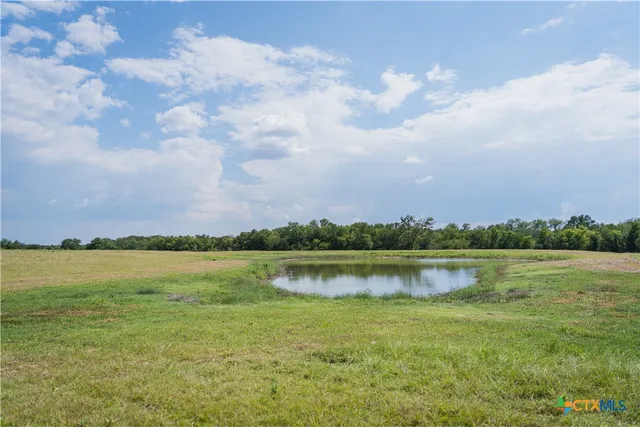 a view of a lake with houses in the background