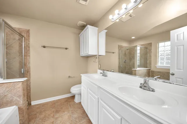 a bathroom with a double vanity sink toilet and a mirror