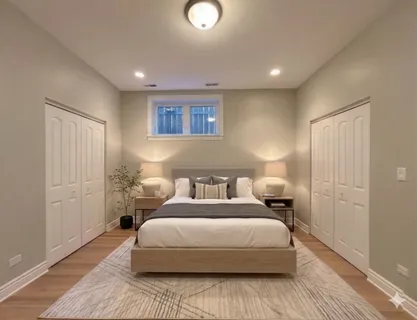 a bedroom with a bed and a night stand