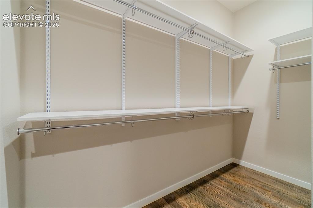 1061 Native Dancer Terrace Colorado Springs, CO 80921 - Photo 23 of 50 Closet featuring adjustable shelving, multiple hanging rods, and wood-finish flooring