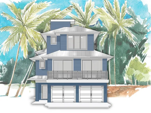 a white house with a large window and palm tree