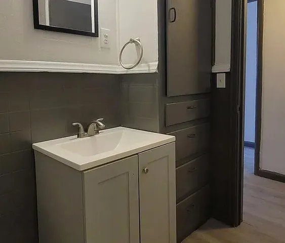 a bathroom with a sink and a mirror