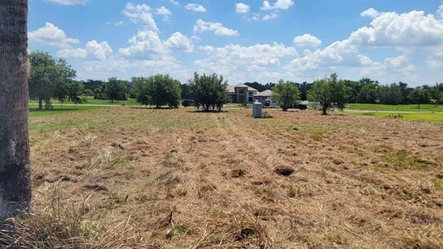 a view of a lake and green field