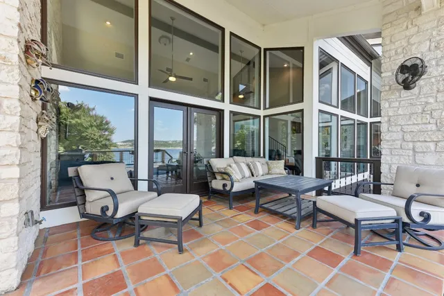 a building outdoor space with patio furniture