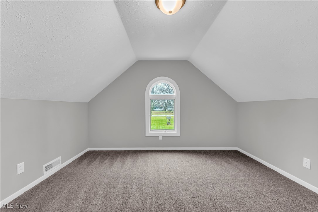 6920 Joppa Road Vermilion, OH 44089 - Photo 19 of 38 Bonus room featuring carpet flooring, a textured ceiling, and vaulted ceiling