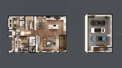 a room with lots of painting and a lamp