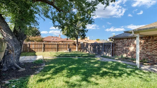 a view of a yard with a tree in the background