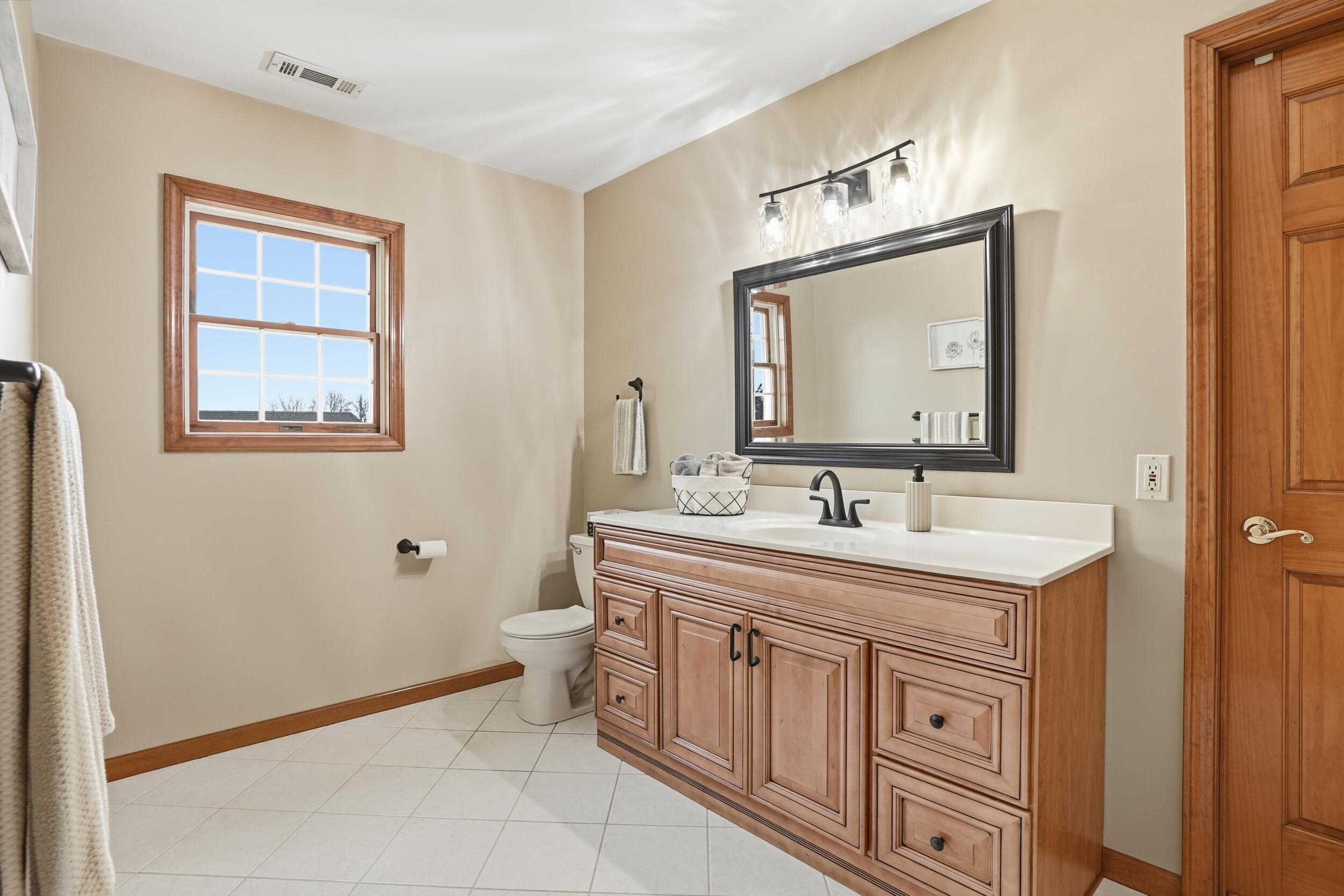 11063 Marion Place Crown Point, IN 46307 - Photo 11 of 22 a bathroom with a granite countertop toilet a sink and a mirror