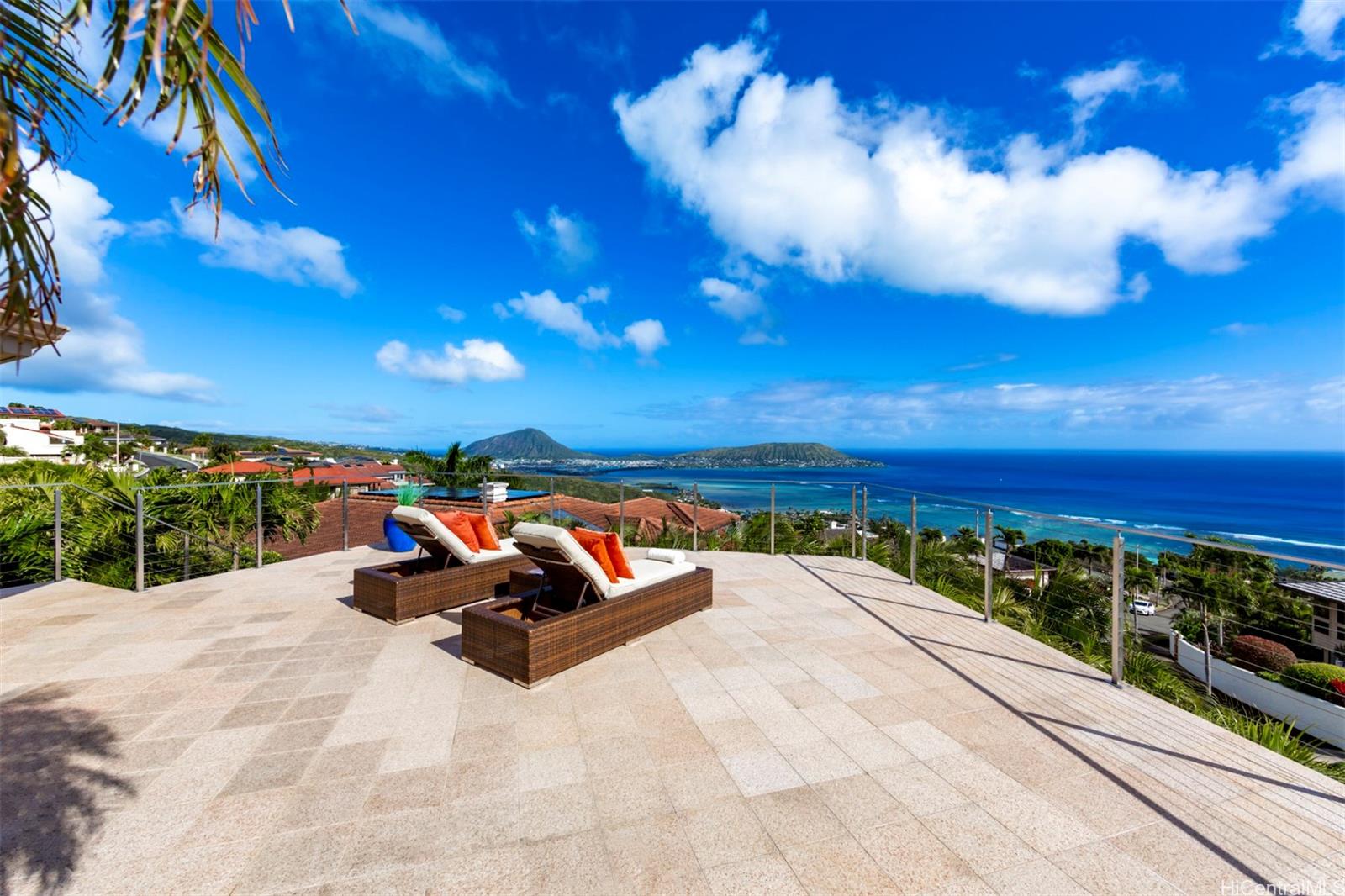 a view of a terrace with sky view