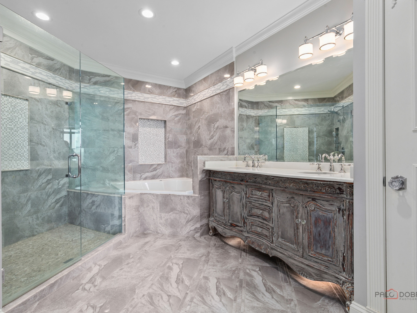 3535 Patten Road, Unit 6E Highland Park, IL 60035 - Photo 32 of 47 a bathroom with a double vanity sink mirror and shower