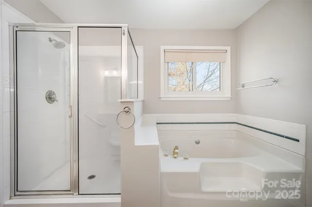 a bathroom with a bathtub and a shower
