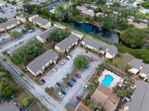 an aerial view of a house with a garden