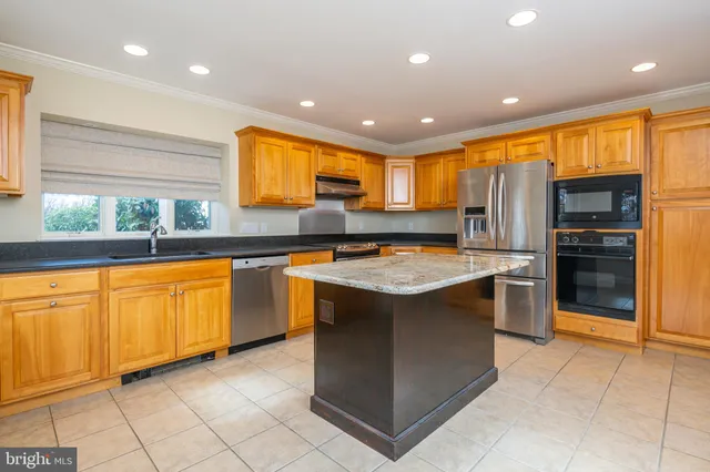 a kitchen with stainless steel appliances granite countertop a sink and a refrigerator
