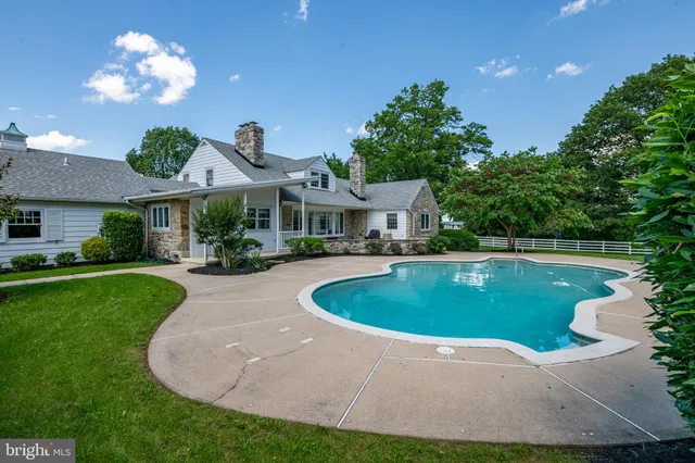 a view of a lake with lawn chairs and large trees