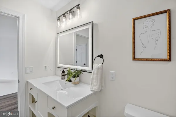 a bathroom with a sink a toilet and mirror