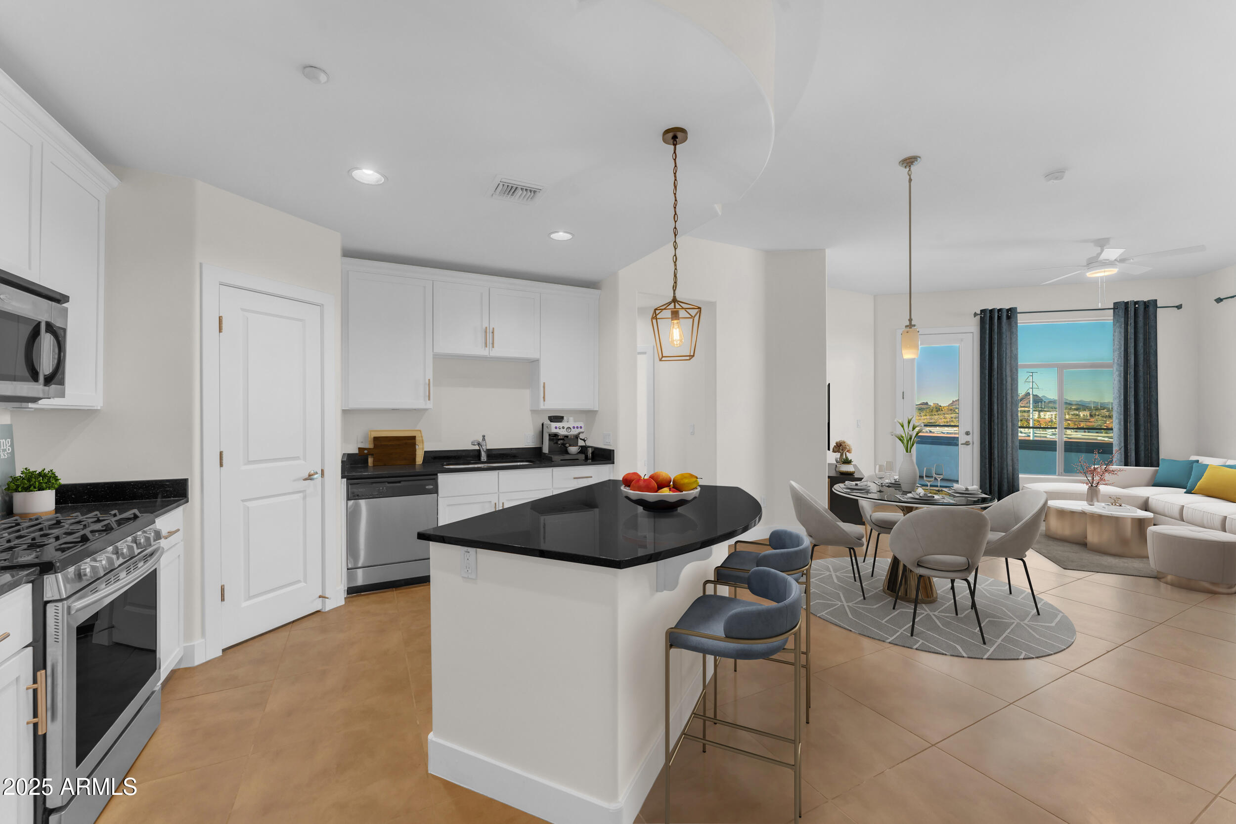 945 East Playa Del Norte Drive, Unit 5005 Tempe, AZ 85288 - Photo 11 of 69 a kitchen with a stove a refrigerator and chairs