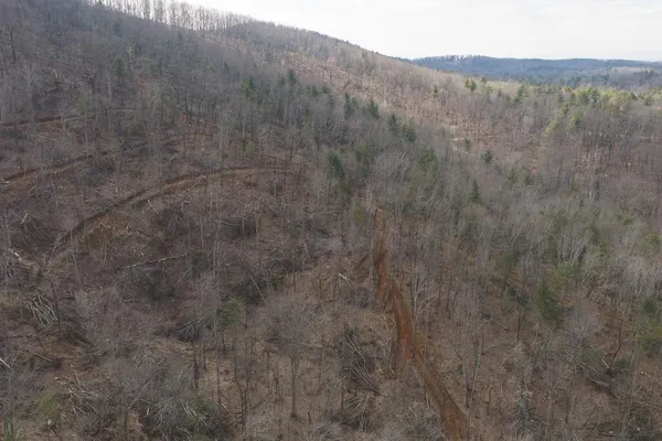 a view of a dry field with mountains in the background