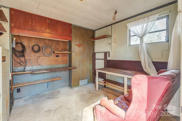 a view of a room with shelves