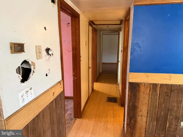 a hallway with a large window